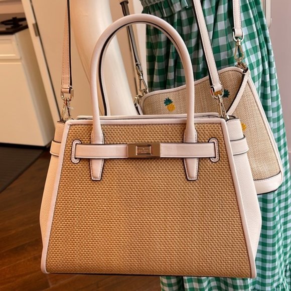 Kate Spade Lucia Straw Medium Satchel Parchment - Picture 2 of 16